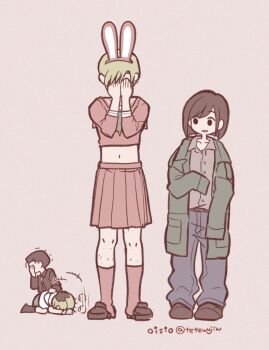 animal_ear_hairband animal_ears artist_name blonde_hair blue_pants brown_hair brown_shoes collared_shirt cosplay crossdressing crossdressing_(mtf) fake_animal_ears father_and_daughter full_body green_jacket grey_background grey_shirt hairband hand_on_another&#039;s_back hand_over_face hands_on_own_face harry_mason heather_mason highres hood hoodie jacket james_sunderland james_sunderland_(cosplay) laughing leg_hair midriff navel oisiso pants parted_lips pink_sailor_collar pink_serafuku pink_shirt pink_skirt pink_socks pleated_skirt rabbit_ears sailor_collar school_uniform serafuku shimizu_hinako shimizu_hinako_(cosplay) shimizu_hinako_(pink_rabbit_costume) shirt shoes silent_hill_(series) silent_hill_1 silent_hill_2 silent_hill_f skirt sleeves_past_fingers sleeves_past_wrists socks standing trembling twitter_username white_hoodie