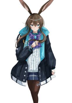 1girl absurdres amiya_(arknights) aqua_collar aqua_eyes arknights ascot black_jacket black_skirt brown_hair brown_pantyhose center_frills closed_mouth clothes_writing collar commentary cowboy_shot frilled_shirt frills hair_between_eyes hand_on_own_chest highres hood hood_down hooded_jacket jacket jewelry ken_(shutenndouji1) long_hair long_sleeves looking_at_viewer material_growth miniskirt multiple_rings open_clothes open_jacket oripathy_lesion_(arknights) pantyhose pleated_skirt purple_ascot ring shirt simple_background skirt solo standing two-sided_fabric two-sided_jacket white_background white_shirt