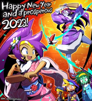 Rule 34 | 1boy, 2023, 4girls, :d, :o, arm up, bandaged arm, bandages, bandana, black sash, blonde hair, blue eyes, blue hair, blue kimono, blue sash, blue skin, bolo (shantae), colored skin, commentary request, cup, dark-skinned female, dark skin, drinking glass, earrings, electricity, english text, facial mark, fireworks, flower, green hair, green skin, grey vest, grin, hagoita, hair between eyes, hair flower, hair ornament, hairband, hand up, hane (hanetsuki), hanetsuki, happy new year, headband, high ponytail, highres, holding, holding cup, holding paddle, holding paintbrush, japanese clothes, jewelry, jumping, kimono, looking at another, multiple girls, new year, obi, obijime, open mouth, own hands clasped, own hands together, paddle, paintbrush, pink kimono, pointy ears, ponytail, print bandana, print kimono, purple hair, purple kimono, red eyes, red sandals, red sash, risky boots, rottytops, sakurajyousui nami, sandals, sash, shantae, shantae (series), skull earrings, skull print, sky (shantae), smile, snowman earrings, standing, star (symbol), twitter username, vest, white flower, wide sleeves, x (symbol), x facial mark, yellow hairband, yellow headband, yellow sash, zouri