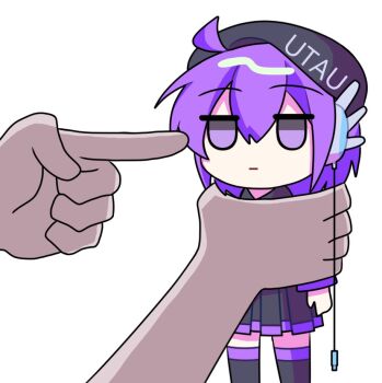 1girl 1other ahoge audio_cable beret black_skirt black_thighhighs expressionless hat nnr7zmn0qa49273 pointing purple_eyes purple_hair robot_ears short_hair skirt thighhighs utane_uta utau