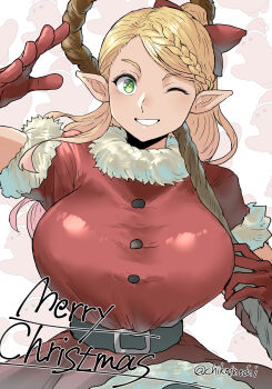 1girl artist_name belt black_belt blonde_hair breasts chikoinochi commentary dress dungeon_meshi elf fur-trimmed_dress fur_trim gloves green_eyes grin highres holding holding_staff large_breasts long_hair looking_at_viewer marcille_donato merry_christmas one_eye_closed pointy_ears red_gloves santa_costume santa_dress short_sleeves smile solo staff twitter_username