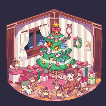 1girl alternate_color animated animated_gif ball black_background box brown_eyes brown_hair calendar_(object) christmas christmas_ornaments christmas_tree clock cosplay curtains eevee eevee_(cosplay) eevee_ears eevee_tail espeon flareon gen_1_pokemon gen_2_pokemon gen_4_pokemon gen_6_pokemon gen_8_pokemon gift gift_box glaceon indoors jolteon laughing leafeon nintendo on_floor oyuzaki_(ayuzaki) peeking_out pixel_art poke_kid_(pokemon) pokemon pokemon_(creature) pokemon_swsh pokemon_tail shiny_pokemon simple_background sitting smile snom snowing star_(symbol) sylveon tail umbreon vaporeon wall_clock window