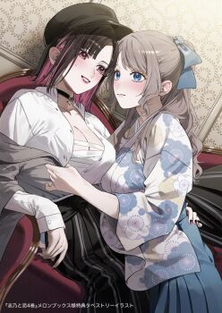 2girls black_choker black_hair black_hat black_pants blue_bow blue_eyes blue_skirt blush bow breasts brown_jacket chigusa_minori choker cleavage closed_mouth colored_inner_hair commentary floral_print floral_print_kimono grey_hair hair_bow half_updo hat highres jacket japanese_clothes kimono long_hair long_sleeves multicolored_hair multiple_girls open_clothes open_mouth open_shirt pants pink_hair pleated_skirt print_kimono purple_eyes saotome_shino_(shino_to_ren) shino_to_ren shirayuki_ren shirt short_hair sidelocks skirt sweatdrop symbol-only_commentary undressing_another white_shirt yuri