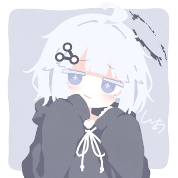 Rule 34 | 1girl, :3, ahoge, blunt bangs, blush, border, bright pupils, cross-shaped pupils, drawstring, flat color, glitched halo, grey background, grey eyes, grey hair, grey halo, grey hoodie, grey pupils, hair ornament, hairclip, halo, hand on own cheek, hand on own face, highres, hood, hood down, hoodie, irregular border, long sleeves, looking at viewer, medium hair, minimalism, no lineart, original, outside border, shea aizawa, signature, single sleeve past fingers, single sleeve past wrist, sleeves past wrists, smug, solo, symbol-shaped pupils, thick eyebrows, tied drawstring, tilted halo, white border