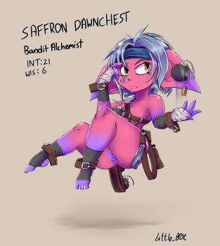 1girl absurdres anus bandaged_hand bandages black_headband bomb bottomless breasts character_name cleavage colored_skin commentary english_commentary english_text explosive facial_mark floating full_body gradient_skin grey_hair headband highres large_ears little_b0t looking_to_the_side medium_breasts mismatched_eyebrows orange_eyes orange_skin original pink_skin pouch pussy short_hair signature solo toeless_legwear