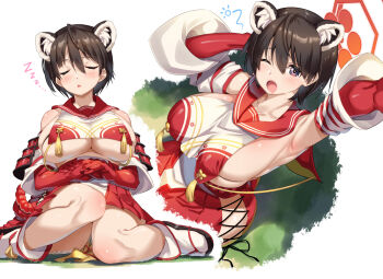 1girl animal_ear_fluff animal_ears armor black_eyes black_hair blue_archive blush breasts clothing_cutout crop_top crop_top_overhang detached_sleeves elbow_gloves full_body geta gloves hair_between_eyes halo highres hip_vent japanese_armor large_breasts looking_at_viewer miniskirt multiple_views no_bra plaid_clothes plaid_skirt raccoon_ears red_gloves red_sailor_collar red_skirt sailor_collar shinozuka_atsuto short_hair shoulder_armor sideboob sideless_outfit sitting skirt sleeping sode squeans tassel tsubaki_(blue_archive) underboob waking_up