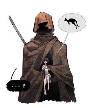 Rule 34 | ..., 1boy, 1girl, 777054, adashino adami, black hair, brown cloak, carrying, carrying person, chinese commentary, cloak, commentary request, dress, highres, homicipher, hood, hood up, hooded cloak, kangaroo, mini person, miniboy, mr. hood, simple background, speech bubble, spoken animal, spoken ellipsis, white background, white dress
