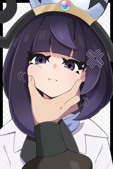 Rule 34 | 1girl, 1other, absurdres, anger vein, blunt bangs, blush, bob cut, cheek pinching, closed mouth, coat, frown, gradient hair, gwynn (pokemon), hand on another's cheek, hand on another's face, hat, highres, looking at viewer, multicolored hair, nintendo, pinching, pokemon, pokemon legends: z-a, pov, pov hands, purple eyes, purple hair, shabana may, short hair, simple background, upper body, white coat