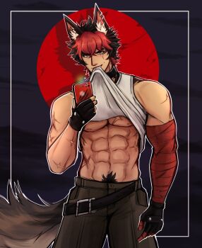 Rule 34 | 1boy, abs, animal ear fluff, animal ear piercing, animal ears, artist name, aztexarts, bandaged arm, bandaged hand, bandages, belt, belt buckle, biceps, black belt, black collar, black gloves, black hair, brown pants, buckle, cellphone, clothes in mouth, clothes lift, collar, commentary, cowboy shot, crossed bangs, dog boy, dog ears, dog tail, english commentary, fingerless gloves, gloves, grin, hair between eyes, hand up, highres, holding, holding phone, komano manato, lifting own clothes, looking at viewer, male focus, male pubic hair, mouth hold, multicolored hair, multiple scars, muscular, nipples, outline, pants, pectorals, phone, pubic hair, pubic hair peek, red eyes, red hair, scar, scar on arm, scar on chest, scar on face, scar on shoulder, scar on stomach, shadow, short hair, signature, smartphone, smile, solo, standing, tail, tank top, teeth, two-tone hair, v-shaped eyebrows, white outline, white tank top, zenless zone zero