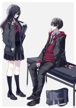 1boy 1girl animal_print bag black_bag black_jacket black_necktie black_pants black_sailor_collar black_shirt black_shoes black_skirt black_socks border cardigan cat_print collared_shirt commentary_request couch crossover drink_carton drinking_straw earrings full_body grey_background grey_cardigan grey_pants hand_in_pocket highres hood hoodie iris_black_games jacket jewelry juice_box kisaragi_ren_(5th_costume)_(vspo!) kisaragi_ren_(vspo!) kuzuha_(12th_costume)_(nijisanji) kuzuha_(nijisanji) loafers long_hair looking_at_another loose_necktie misumi_(macaroni) necktie nijisanji official_alternate_costume official_alternate_hair_color official_alternate_hair_length official_alternate_hairstyle pants plaid_clothes plaid_pants pleated_skirt red_eyes red_hoodie sailor_collar school_bag shirt shoes short_hair shoulder_bag simple_background skirt sleeves_past_wrists smile socks standing two-tone_pants very_short_hair virtual_youtuber vspo! white_border white_shirt