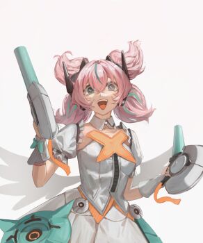 1girl :d angels_of_delusion aqua_streaks aria_(zenless_zone_zero) black_bow bow cowboy_shot dress glowstick green_eyes hair_between_eyes hair_bow hair_intakes highres holding holding_glowstick kaien_(akanee_18) long_hair open_mouth pink_hair smile solo white_dress zenless_zone_zero