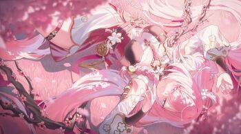 1girl absurdres arm_up branch breasts cleavage closed_mouth dress elysia_(herrscher_of_human:_ego)_(honkai_impact) elysia_(honkai_impact) elysia_(peachy_spring)_(honkai_impact) from_above hand_up highres honkai_(series) honkai_impact_3rd hyume_26 large_breasts long_hair looking_at_viewer lying official_alternate_costume on_back pink_hair pink_theme pointy_ears purple_eyes sidelocks smile solo thigh_strap thighs