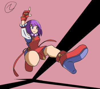 1girl asamiya_athena climbhq dress female_focus gloves hand_up heel_up highres pale_skin purple_eyes purple_hair shoes short_hair skirt smile smiley_face star_(symbol) the_king_of_fighters the_king_of_fighters_xv thick_thighs thighs