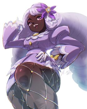 1girl ascot bow dark-skinned_female dark_skin dress fascinator feet_out_of_frame fishnet_pantyhose fishnets frilled_ascot frills from_below full_body glove_bow gloves h_renah hair_ornament hand_on_own_hip hand_up highres jacinthe_(pokemon) juliet_sleeves light_blush long_hair long_sleeves looking_at_viewer looking_down low_drills mega_stone nintendo open_mouth pantyhose pokemon pokemon_legends:_z-a puffy_sleeves purple_dress purple_eyes purple_hair smile solo teeth upper_teeth_only very_dark_skin yellow_bow