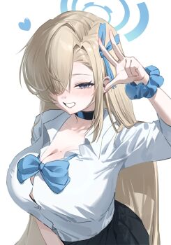 1girl asuna_(blue_archive) asuna_(school_uniform)_(blue_archive) black_skirt blonde_hair blue_archive blue_bow blue_bowtie blue_eyes blue_halo blue_ribbon blush bow bowtie breasts choker cleavage collarbone commentary_request grin hair_over_one_eye hair_ribbon halo highres korean_commentary large_breasts long_hair looking_at_viewer mole mole_on_breast ribbon school_uniform scrunchie shirt skirt sleeves_rolled_up smile solo tt_h0k4 v very_long_hair white_shirt wrist_scrunchie