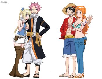 2boys 2girls abs arm_around_neck bare_shoulders bikini bikini_top_only black_hair blonde_hair blue_bow blue_pants blue_shirt blue_shorts blush boots bow breasts brown_boots brown_eyes cleavage closed_mouth commentary_request cross_scar crossed_arms crossover denim facial_scar facing_another fairy_tail flip-flops full_body fur-trimmed_shorts fur_trim green_bikini grin hair_bow hand_on_own_hip hat high_heel_sandals high_heels high_ponytail highres jeans large_breasts long_hair looking_at_another lucy_heartfilia miniskirt monkey_d._luffy multiple_boys multiple_girls nami_(one_piece) nami_(one_piece)_(return_to_sabaody) natsu_dragneel navel norisiro_0 one_piece open_clothes open_shirt orange_hair pants pink_hair ponytail red_shirt sandals sash scar scar_on_cheek scar_on_chest scar_on_face scarf shirt short_hair shorts shoulder_tattoo skirt sleeveless sleeveless_shirt smile spiked_hair standing stomach straw_hat striped_bikini striped_clothes swimsuit tattoo thigh_boots twitter_username waving wavy_hair white_background white_pants white_skirt yellow_sash