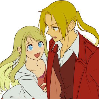 1boy 1girl ahoge arm_between_breasts azzz503 between_breasts blonde_hair blue_eyes breasts brown_vest collared_shirt commentary_request couple earrings edward_elric fullmetal_alchemist hetero highres holding_another's_arm hood hood_down hooded_jacket jacket jewelry light_blush long_hair looking_at_another multiple_earrings open_mouth parted_bangs ponytail red_jacket shirt shirt_under_shirt smile twitter_username upper_body vest waistcoat white_background white_jacket white_shirt winry_rockbell yellow_eyes