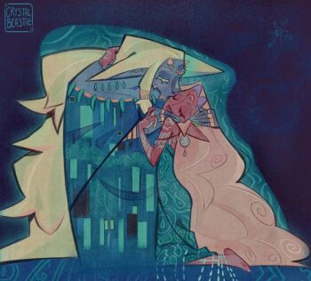 1boy 1girl animal_earrings animal_ears arm_around_neck artist_name blonde_hair closed_eyes commentary couple crystalbeastie dark-skinned_female dark_skin dress english_commentary facial_mark furry furry_male goat_boy goat_ears hetero kiss kissing_cheek long_dress long_hair nintendo parted_bangs pointy_ears rauru_(tears_of_the_kingdom) sidelocks sonia_(zelda) the_kiss the_legend_of_zelda the_legend_of_zelda:_tears_of_the_kingdom white_hair