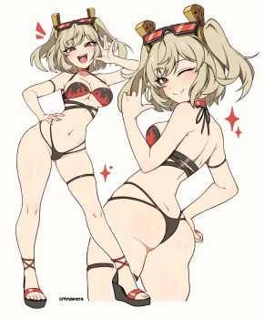 1girl absurdres adapted_costume artist_name ass bikini black_bikini blonde_hair blush breasts burn_scar burnice_white choker cleavage closed_mouth commentary cremanata english_commentary eyewear_on_head flame_print front_and_back full_body highres index_finger_raised large_breasts looking_at_viewer multiple_views one_eye_closed outstretched_hand red_choker red_eyes scar simple_background smile solo swimsuit thigh_strap tinted_eyewear twintails white_background zenless_zone_zero