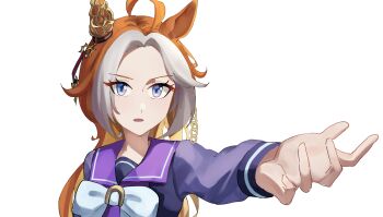 Rule 34 | 1girl, absurdres, ahoge, animal ears, highres, horse ears, long eyelashes, making-of available, multicolored hair, neeevirus, open mouth, orange hair, orfevre (umamusume), outstretched hand, purple eyes, school uniform, tracen school uniform, two-tone hair, umamusume, upper body, white background, white hair