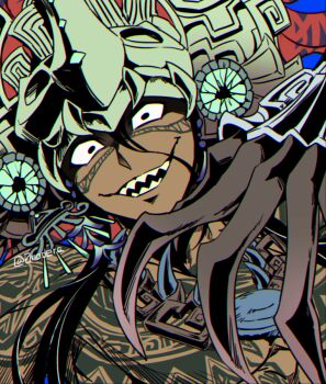 0nodera 1boy black_eyes blue_background camazotz_(fate) chest_tattoo claws commentary_request constricted_pupils fate/grand_order fate_(series) full-body_tattoo helmet jewelry long_hair looking_at_viewer male_focus necklace open_mouth portrait sharp_teeth solo tan tattoo teeth