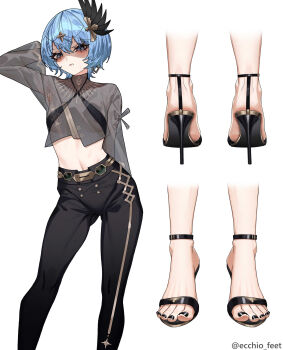 1girl absurdres areola_slip arm_behind_head black_nails black_shoes blue_eyes blue_hair blush breasts clenched_teeth commentary_request ecchi-o feet foot_focus hair_ornament high_heels highres hololive hoshimachi_suisei looking_at_viewer multiple_views nail_polish navel paid_reward_available see-through_clothes shaded_face shoes short_hair simple_background small_breasts teeth toenail_polish toenails white_background