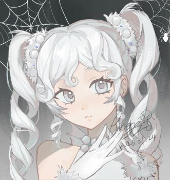 1girl :3 bare_shoulders bead_choker beads black_background bug chinese_commentary choker closed_mouth commentary_request dancing_pearl_(infinity_nikki) dated dot_nose dress drill_hair eyelashes gloves gradient_background grey_background grey_eyes grey_scrunchie hair_bobbles hair_ornament hair_scrunchie halter_dress halterneck happy highres infinity_nikki light_smile long_hair looking_at_viewer nikki_(series) own_hands_together pinggo_(xianshideshixian) procreate_(medium) ringlets scrunchie sidelocks signature silk solo spider spider_web twin_drills twintails two-tone_background upper_body white_choker white_dress white_gloves white_hair white_scrunchie wrist_scrunchie