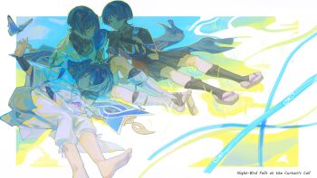 3boys armor barefoot belt black_belt black_bodysuit black_bow black_hair black_kimono black_shorts black_sleeves blue_background blue_cape blue_kimono blue_sleeves blunt_ends bodysuit border bow bridal_legwear brown_sandals cape closed_mouth clothing_cutout colored_inner_hair dfish2_0 english_text eyelashes eyeliner eyeshadow facing_down feathers frilled_sleeves frills furisode genshin_impact geta gold grey_hair half-closed_eyes hand_on_another&#039;s_arm hand_on_own_stomach hand_up highres japanese_armor japanese_clothes jewelry juban kariginu kimono kote kurokote lap_pillow layered_shorts layered_sleeves leg_warmers looking_at_animal looking_at_another looking_up lying makeup mandarin_collar multicolored_hair multiple_boys multiple_persona neck_ring on_grass on_side open_hand pants pom_pom_(clothes) purple_eyes purple_rope purple_sash purple_shorts purple_sleeves red_eyeliner red_eyeshadow red_kimono rope sandals sash scaramouche_(genshin_impact) scaramouche_(kabukimono)_(genshin_impact) short_sleeves shorts shoulder_cutout shoulder_peek sitting smile stirrup_legwear string toeless_legwear toenails toes tsurime wanderer_(genshin_impact) white_border white_kimono white_leg_warmers white_pants white_sleeves wispy_bangs yellow_feathers