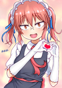 Rule 34 | 1girl, :d, absurdres, blue ribbon, blush, breasts, cosplay, dress, elbow gloves, glasses, gloves, heart, heart hands, highres, kobayashi-san chi no maidragon, kobayashi (maidragon), looking at viewer, maid, maid headdress, necktie, open mouth, puffy short sleeves, puffy sleeves, red eyes, red hair, red necktie, reiwa rerere, ribbon, shirt, short sleeves, smile, solo, tohru (maidragon), tohru (maidragon) (cosplay), twintails, upper body, white gloves, white shirt
