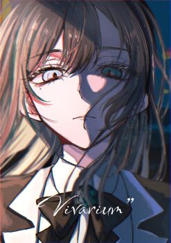 1girl ado_(utaite) black_bow black_bowtie black_hair blue_eyes bow bowtie chando_(ado) chromatic_aberration collared_shirt commentary hair_between_eyes hashtag-only_commentary highres long_hair looking_at_viewer mole mole_under_eye oyashirazu_(adochan_daisuki) portrait shade shirt solo utaite white_shirt