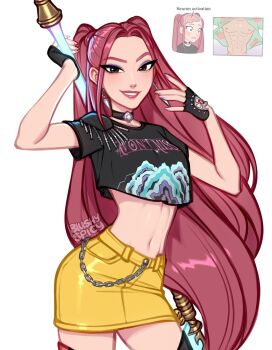 Rule 34 | 1girl, abs, black shirt, blushyspicy, choker, crop top, earrings, highres, jewelry, kpop demon hunters, long hair, looking at viewer, mira (kpop demon hunters), navel, pink hair, shirt, skirt, smile, solo, stomach, twintails, yellow skirt