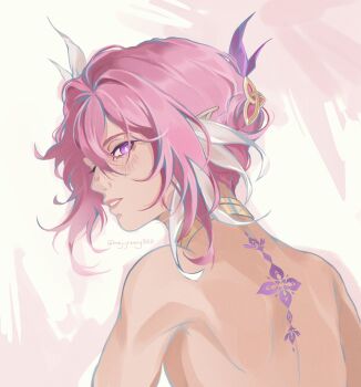 1girl absurdres back_tattoo commentary elf elysia_(herrscher_of_human:_ego)_(honkai_impact) elysia_(honkai_impact) hair_ornament highres honkai_(series) honkai_impact_3rd meg_greeny520 multicolored_hair nude parted_lips pink_hair pointy_ears purple_eyes short_hair solo tattoo triquetra twitter_username two-tone_hair white_hair