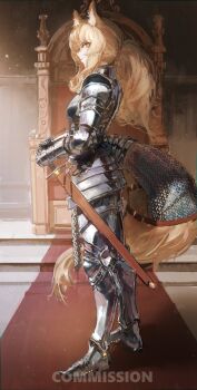 1girl alternate_costume animal_ear_fluff animal_ears arknights armor blemishine_(arknights) blonde_hair commentary commission couter cuirass cuisses faulds from_side full_body gandy_(gan3e46) gauntlets gorget greaves hair_over_shoulder highres horse_ears horse_girl horse_tail leg_armor long_sidelocks looking_at_viewer parted_lips pauldrons poleyn ponytail rerebrace sabaton scabbard sheath shoulder_armor sidelocks solo standing sword tail tail_armor weapon yellow_eyes