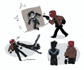 Rule 34 | axian6777, batman (series), batman symbol, belt, black bodysuit, black hair, blue bodysuit, blue mask, bodysuit, commentary request, dc comics, dick grayson, domino mask, escrima sticks, eye mask, gloves, highres, jacket, jason todd, long sleeves, male focus, mask, multicolored bodysuit, multiple boys, muscular, muscular male, nightwing, open clothes, open jacket, open mouth, red hood (dc), red hood and the outlaws, red mask, short hair, simple background, superhero costume, taut bodysuit, two-tone bodysuit, utility belt