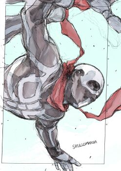 Rule 34 | 1boy, absurdres, bodysuit, bone print, character name, commentary, fighting ex layer, hatching (texture), highres, long scarf, mask, midair, red scarf, scarf, skeleton print, skull mask, skull print, skullomania, solo, yoshihara motoki