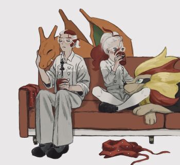 1boy 1girl black_shoes blue_eyes bow bowtie charizard closed_eyes commentary_request couch cowlick drinking gen_1_pokemon gen_6_pokemon glasses gradient_hair grey_pants griselle_(pokemon) grisham_(pokemon) hair_pulled_back highres indian_style loafers multicolored_hair nintendo on_couch pants parted_lips pokemon pokemon_(creature) pokemon_legends:_z-a pyroar pyroar_(male) red_hair shoes sitting split_ponytail tnk_free_(onenneshitero) two-tone_hair undone_bowtie wavy_hair white_hair