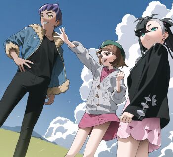 1boy 2girls 987645321o black_hair black_jacket black_pants black_shirt blue_jacket blue_sky brown_eyes brown_hair closed_mouth cloud day dress earrings fur-trimmed_jacket fur_trim gloria_(pokemon) grass green_eyes green_hat grey_jacket hand_on_own_hip hand_up hat highres hop_(pokemon) jacket jewelry marnie_(pokemon) multiple_girls nintendo open_hand open_mouth outdoors outstretched_arm pants pink_dress plain pokemon pokemon_swsh purple_hair shirt sky stud_earrings tam_o&#039;_shanter twintails yellow_eyes