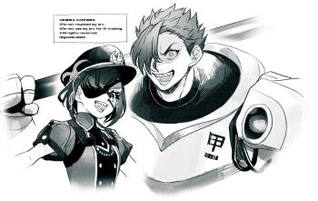 1boy 1girl armor artist_name collar english_text eyepatch fate/grand_order fate_(series) goshiko86g greyscale grin hair_over_one_eye hat holding holding_polearm holding_weapon looking_at_viewer medium_hair monochrome mori_nagayoshi_(fate) mysterious_ranmaru_x_(fate) polearm sharp_teeth short_hair short_sleeves smile spiked_hair teeth upper_body weapon wire