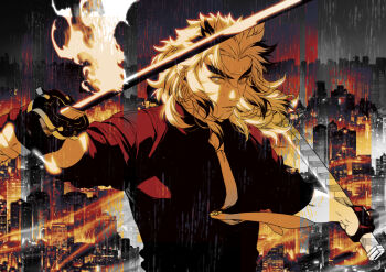 1boy black_gloves black_shirt blonde_hair building city city_lights cityscape closed_mouth collared_shirt colored_tips contemporary fighting_stance fingerless_gloves fire flaming_sword flaming_weapon floating_hair forked_eyebrows gloves hashimoto_(yanagi-momo) holding holding_sheath holding_sword holding_weapon katana kimetsu_no_yaiba limited_palette long_hair long_sleeves looking_at_viewer male_focus multicolored_hair necktie night outdoors rain rengoku_kyoujurou serious sheath shirt sleeves_rolled_up solo streaked_hair sword thick_eyebrows two-tone_hair unsheathed upper_body weapon yellow_eyes yellow_necktie