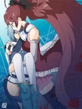 Rule 34 | 2girls, artist logo, bare shoulders, black thighhighs, blue boots, blue hair, blue skirt, boots, cape, carrying, carrying person, check commentary, closed eyes, commentary, commentary request, convenient censoring, detached sleeves, dress, expressionless, fortissimo, gloves, hair ornament, hand on another's shoulder, high-low dress, high ponytail, highres, logo, long hair, looking to the side, magical girl, mahou shoujo madoka magica, mahou shoujo madoka magica (anime), miki sayaka, miki sayaka (magical girl), multiple girls, musical note, musical note hair ornament, pink skirt, pleated skirt, ponytail, red dress, red hair, sakura kyoko, sakura kyoko (magical girl), short hair, skirt, sleeveless, sleeveless dress, smile, thighhighs, tsugahara ne ne, very long hair, white cape, white gloves, white thighhighs