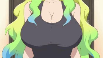 animated animated_gif anime_screenshot big_breasts black_shirt blonde_hair breast_focus breasts cleavage dragon_girl face_to_breasts kobayashi-san_chi_no_maidragon long_hair lucoa_(maidragon) pov pov_focus shirt sleeveless sleeveless_shirt solo
