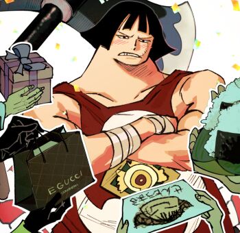 1boy axe battle_axe birthday blush box child&#039;s_drawing crossed_arms gift gift_box gucci logo_parody male_focus one_piece pectorals sentoumaru shy sidepec solo_focus thick_neck upper_body uxl_ol weapon