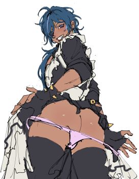 1boy apron ass black_dress black_gloves black_thighhighs blue_eyes blue_hair butt_crack clothes_lift dress dress_lift earrings eyepatch fingerless_gloves from_behind from_below genshin_impact gloves grin highres jewelry kaeya_(genshin_impact) long_hair looking_at_viewer looking_back looking_down maid maid_apron male_focus panties panty_pull pink_panties pulling_own_clothes red_lips riki0928 sharp_teeth simple_background smile solo teeth thighhighs underwear white_apron white_background