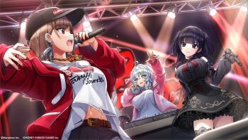 3girls baseball_cap belt black_dress black_hat black_thighhighs bow breasts brown_belt brown_hair chain chain_necklace closed_mouth copyright_notice denim detached_sleeves dj dolphin_wave dress ear_piercing earrings feather_earrings feathers frayed_clothes frilled_dress frills gloves gold_chain gothic_lolita grey_hair hand_on_headphones hanihara_haru hat headphones headphones_around_neck highres holding holding_microphone hood hoodie jeans jewelry kamie_tsugumi kurokuchi_muru lace lace_gloves large_breasts lolita_fashion long_sleeves microphone midriff_peek mixing_console multicolored_eyes multiple_girls nail_polish navel necklace official_art open_mouth pants phonograph piercing pink_hoodie purple_eyes purple_hair purple_streaks rainbow_eyes rapping red_bow red_eyes red_hoodie red_lips red_nails shirt short_hair smile stage stage_lights thighhighs turntable white_shirt