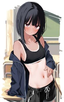 1girl absurdres black_hair black_shorts black_sports_bra blue_jacket bob_cut bob_cut_girl_(memekko) breasts chalkboard classroom closed_mouth commentary_request cowboy_shot desk drawstring highres indoors jacket long_sleeves looking_at_viewer memekko navel off_shoulder one-piece_tan open_clothes open_jacket original red_eyes school_desk short_hair short_shorts shorts small_breasts solo sports_bra tan tanline