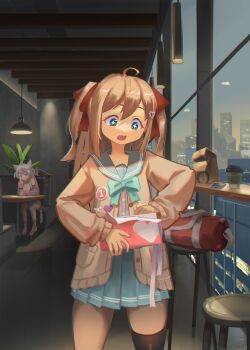 2girls absurdres ahoge animal_ears annytf aqua_eyes asymmetrical_legwear badge bag black_thighhighs blue_sailor_collar blue_skirt bow bowtie breasts brown_hair button_badge cafe cardigan cellphone city cityscape cleavage commentary cup dating detached_sleeves disposable_coffee_cup disposable_cup drone duffel_bag english_commentary fang fox_ears fox_girl green_bow green_bowtie grey_hair hair_ornament hair_ribbon hairclip handbag head_tilt heart heart_hair_ornament highres holding holding_bag indie_virtual_youtuber indoors multiple_girls neuro-sama osu! paper_bag phone pink_sleeves platform_sandals pleated_skirt pov_dating red_bag red_ribbon reflection revision ribbon sailor_collar sandals school_uniform serafuku shirt single_thighhigh skin_fang skirt smartphone table thighhighs tornier two_side_up uneven_legwear vedal_ai virtual_youtuber white_shirt white_thighhighs window yellow_cardigan