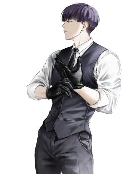 Rule 34 | 1boy, adam's apple, black gloves, black necktie, black pants, buttons, collared shirt, commentary request, cowboy shot, gloves, highres, hoshina soshiro, kaijuu no. 8, korean commentary, latex, latex gloves, male focus, necktie, pants, parted lips, pocket, purple eyes, purple hair, sagu (9133t), shirt, short hair, simple background, sleeves rolled up, solo, teeth, vest, waistcoat, white background, white shirt
