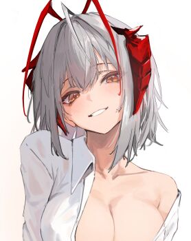 1girl absurdres ahoge antennae arknights breasts cleavage_cutout clothing_cutout collarbone collared_shirt grey_hair head_tilt highres large_breasts light_blush looking_at_viewer nekomatamago orange_eyes parted_lips shirt shirt_partially_removed short_hair simple_background smile solo straight-on upper_body w_(arknights) white_background white_shirt