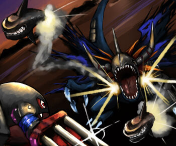 Rule 34 | claws, cyborg, digimon, digimon (creature), digimon world, highres, looking at viewer, metalgreymon (virus), metalmamemon, missile, red eyes, sharp teeth, teeth