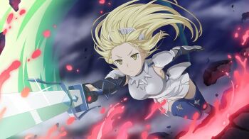 1girl aiz_wallenstein anime_coloring armor black_gloves blonde_hair blue_boots boobplate boots breastplate breasts closed_mouth couter danmachi_battle_chronicle dress dungeon_ni_deai_wo_motomeru_no_wa_machigatteiru_darou_ka dynamic_pose elbow_gloves faulds frown game_cg gloves hairband highres holding holding_sword holding_weapon long_hair medium_breasts metal_hairband non-web_source official_art serious short_dress shoulder_armor sleeveless sleeveless_dress solo sword thigh_boots vambraces weapon white_dress yellow_eyes